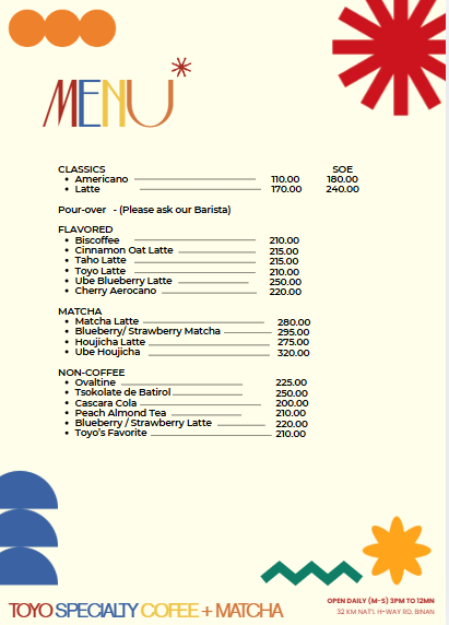 Toyo Menu Page 1